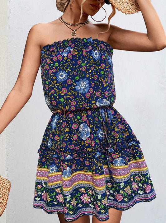 Bohemsk blomstertrykk bandeau minikjole