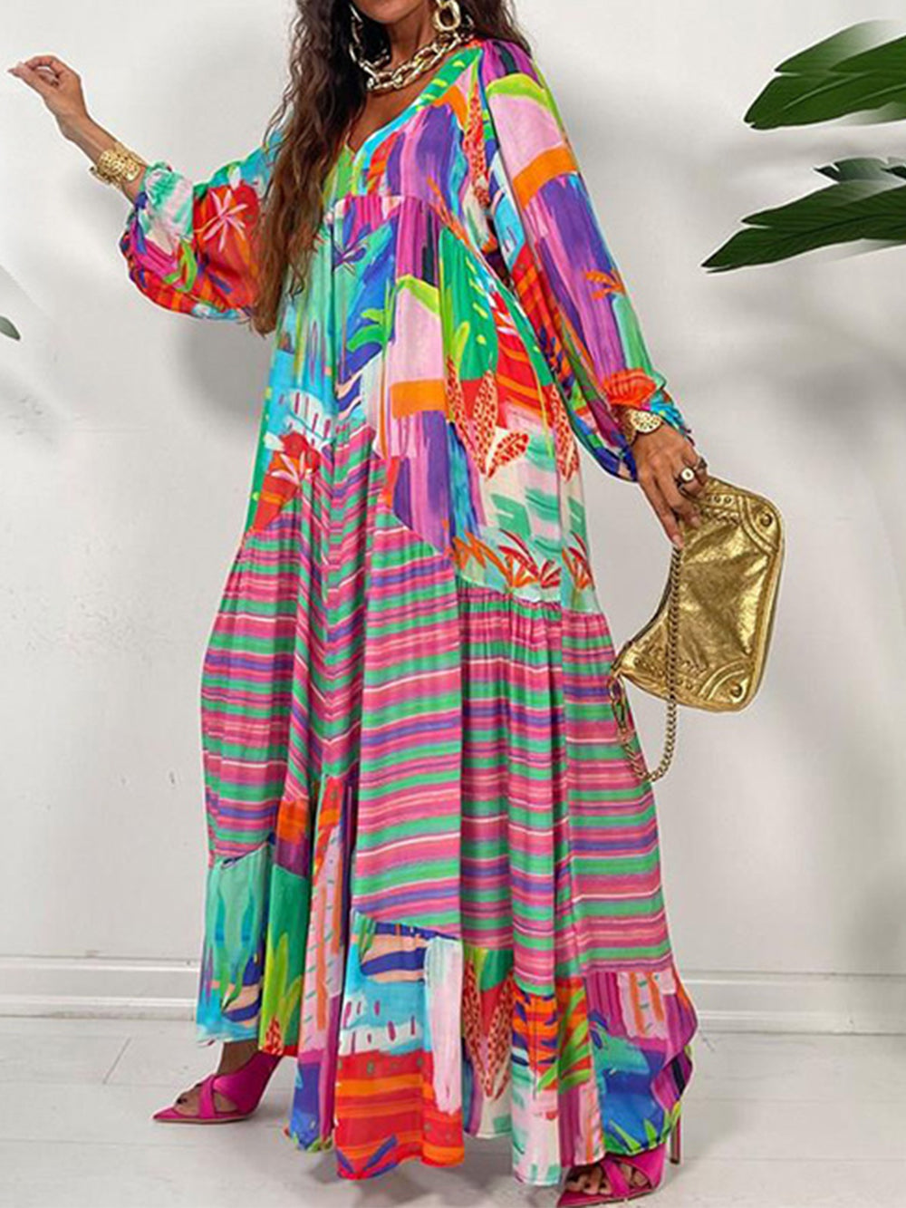 Oversized V-ringad Maxiklänning med tryck
