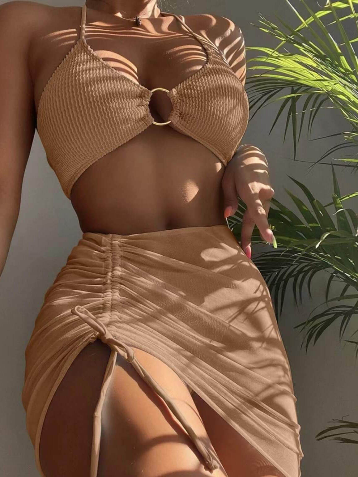 Ensfarget sexy halterneck tredelt badedraktbikini