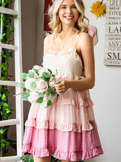 Fairy Color Block Swiss Dot Ruffled Tiered Spaghetti Strap Dress