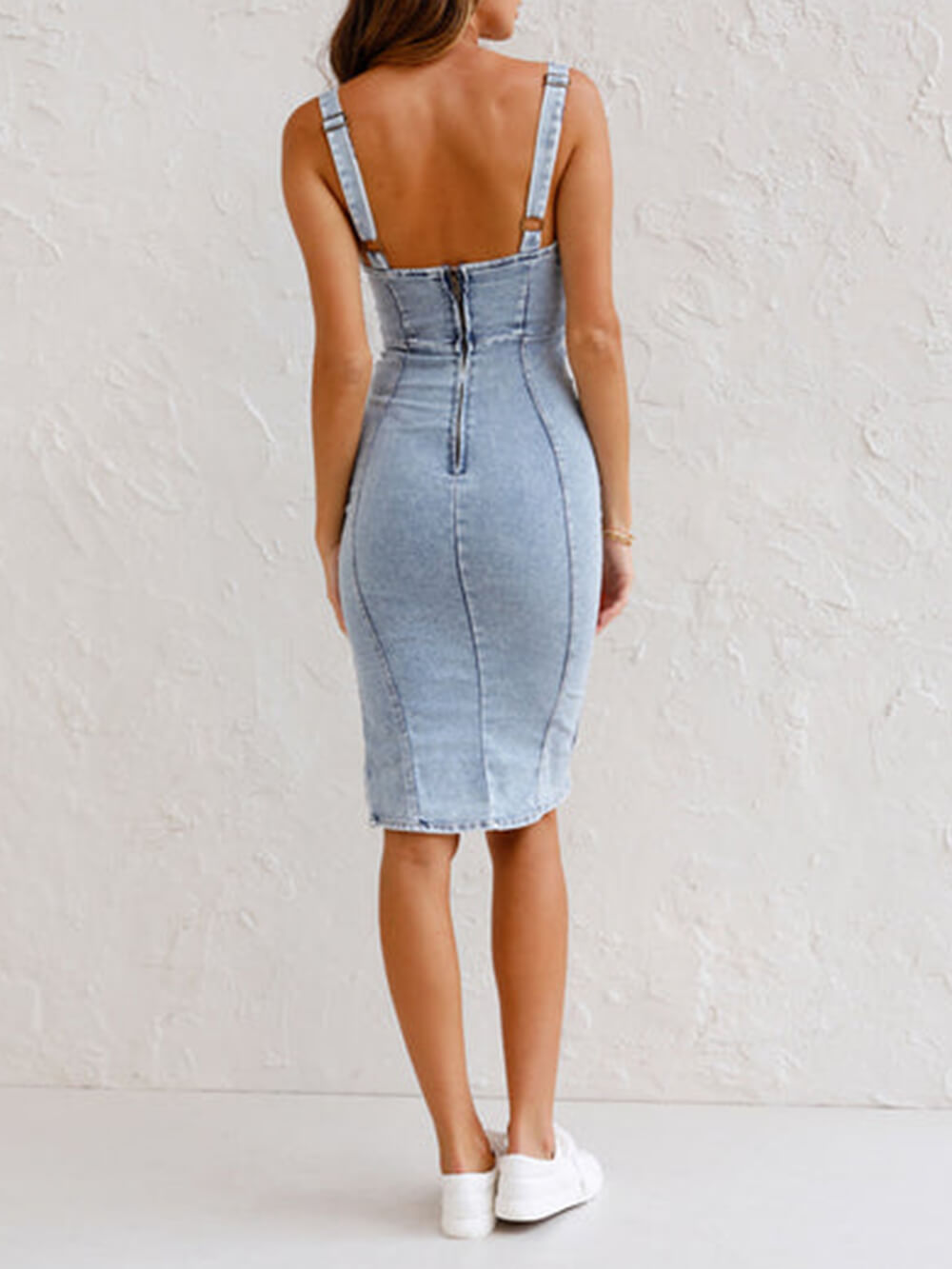 Justerbare stropper U-hals splitt denim bodycon camikjole