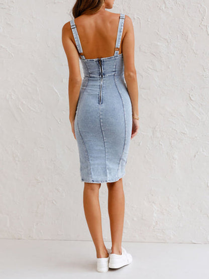 Justerbare stropper U-hals splitt denim bodycon camikjole