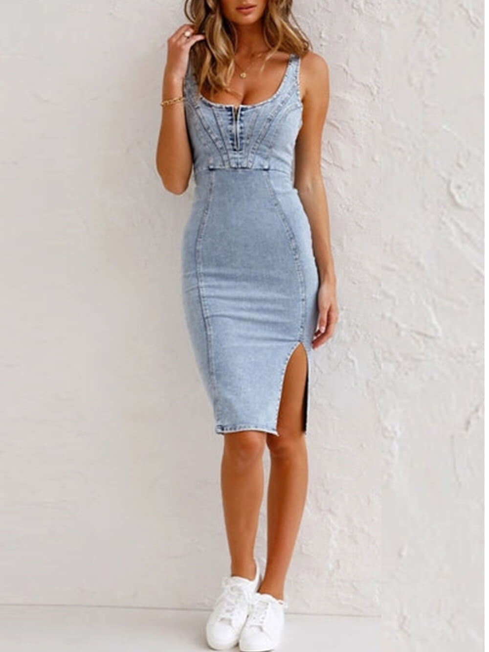 Justerbare stropper U-hals splitt denim bodycon camikjole