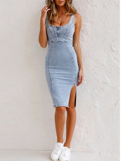 Justerbare stropper U-hals splitt denim bodycon camikjole