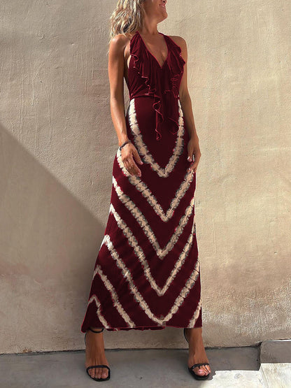 Paulawow Halter V-hals Volang Drapert Front Print Maxikjole