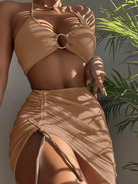 Ensfarget sexy halterneck tredelt badedraktbikini